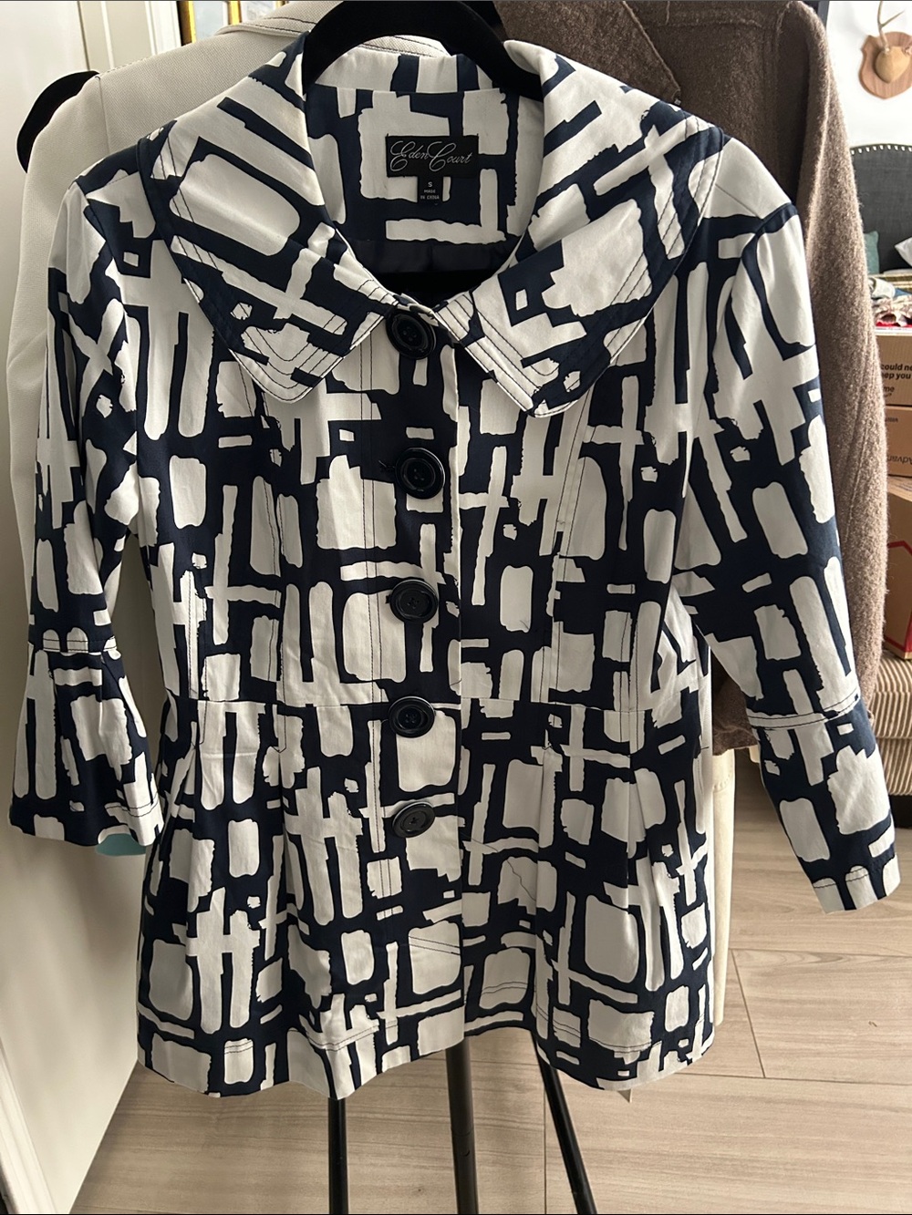 Eddie Bauer Navy and White Abstract-Print Trench Coat